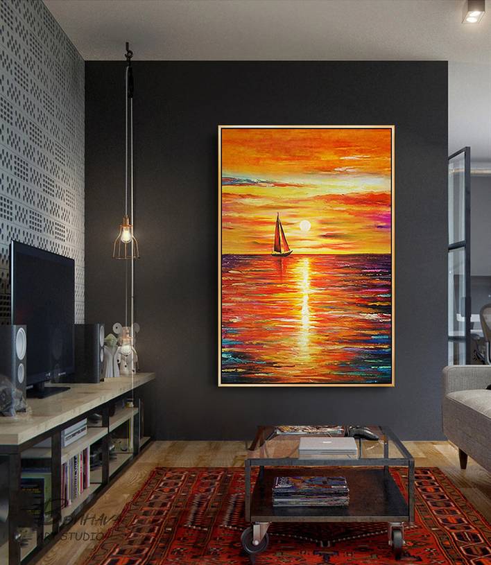 Sunset Handmade White Dining Abstract Canvas Artwork G54PT